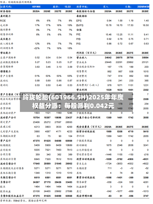 玲珑轮胎(601966.SH)2025年年度权益分派：每股派利0.042元